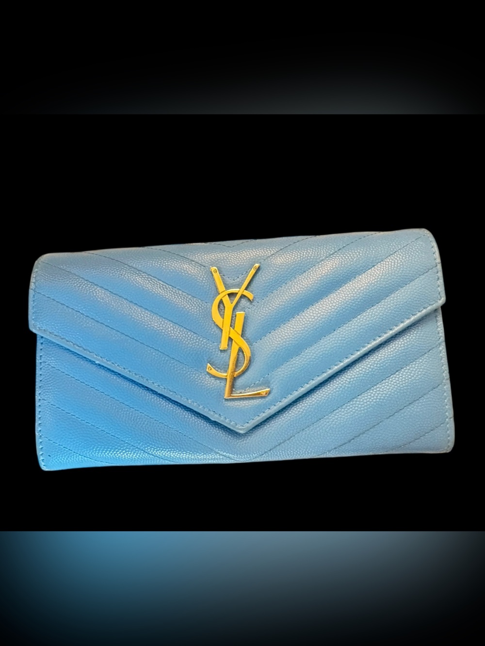 Saint Laurent Quilted Chevron Leather Wallet - Sky Blue with Gold Hardware